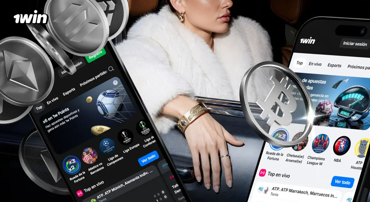 Celulares con la app de 1win y monedas cripto alrededor de una mujer con abrigo blanco