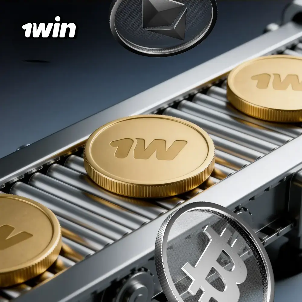 Monedas de 1win y criptomonedas sobre una cinta transportadora metálica