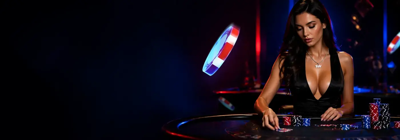 Crupier en una mesa de casino en vivo de 1win con fichas y luces de neón
